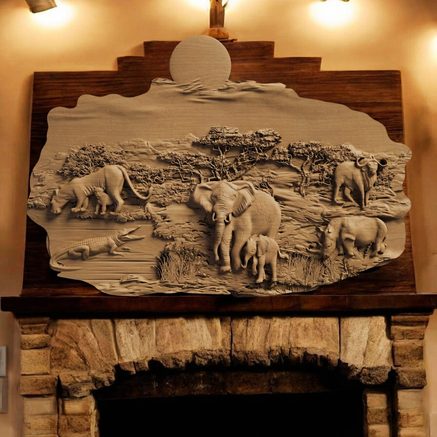 African Nature Scene Handmade Wooden Carving. Home Gift Wall Art Decor.