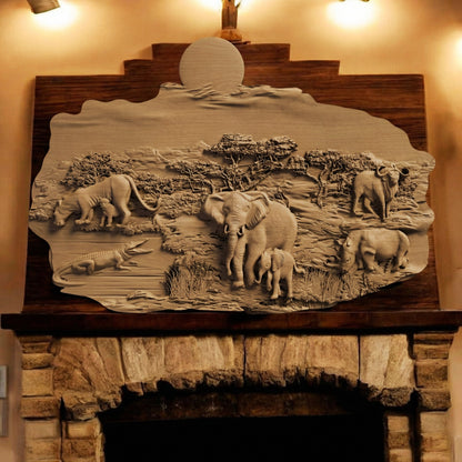 African Nature Scene Handmade Wooden Carving. Home Gift Wall Art Decor.