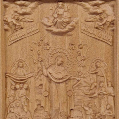 Mother of God Joy of All Who Sorrow Wooden Carved Handcrafted Christian Religious Icon. Byzantine Home Wall Art Decor Gift. Orthodox Greek Woodcarving Sculpture.