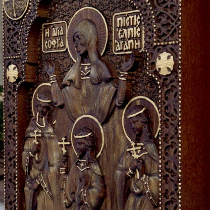 Saints Sophia Faith Hope Love Wooden Carved Handcrafted Christian Religious Icon. Byzantine Home Wall Art Decor Gift. Orthodox Greek Woodcarving Sculpture.