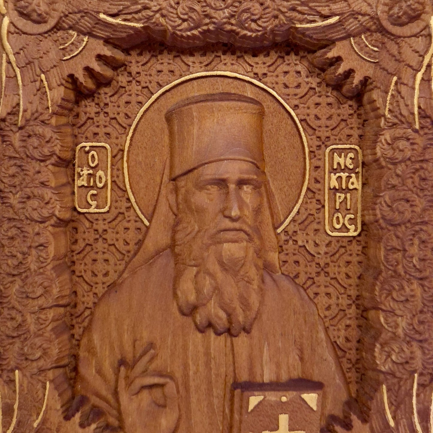 Saint Nectarios of Aegina Wooden Carved Handcrafted Christian Religious Icon. Byzantine Home Wall Art Decor Gift. Orthodox Greek Woodcarving Sculpture.