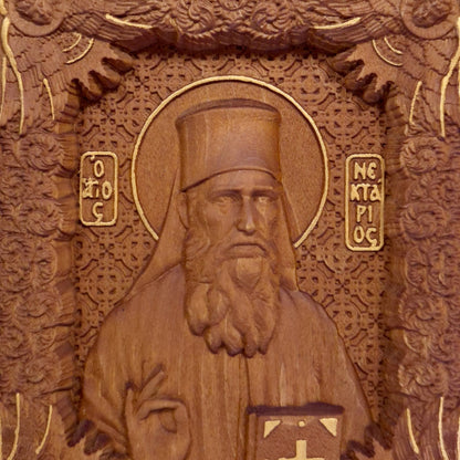 Saint Nectarios of Aegina Wooden Carved Handcrafted Christian Religious Icon. Byzantine Home Wall Art Decor Gift. Orthodox Greek Woodcarving Sculpture.