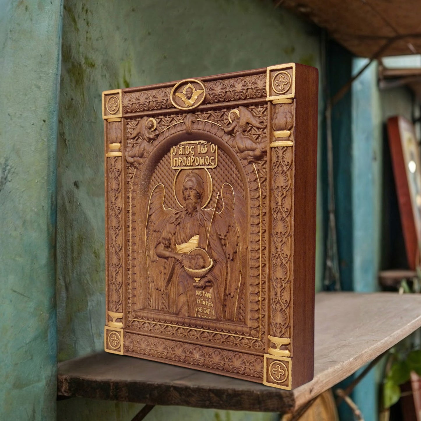 Saint John the Baptist Wooden Carved Handcrafted Christian Religious Icon. Byzantine Home Wall Art Decor Gift. Orthodox Greek Woodcarving Sculpture.