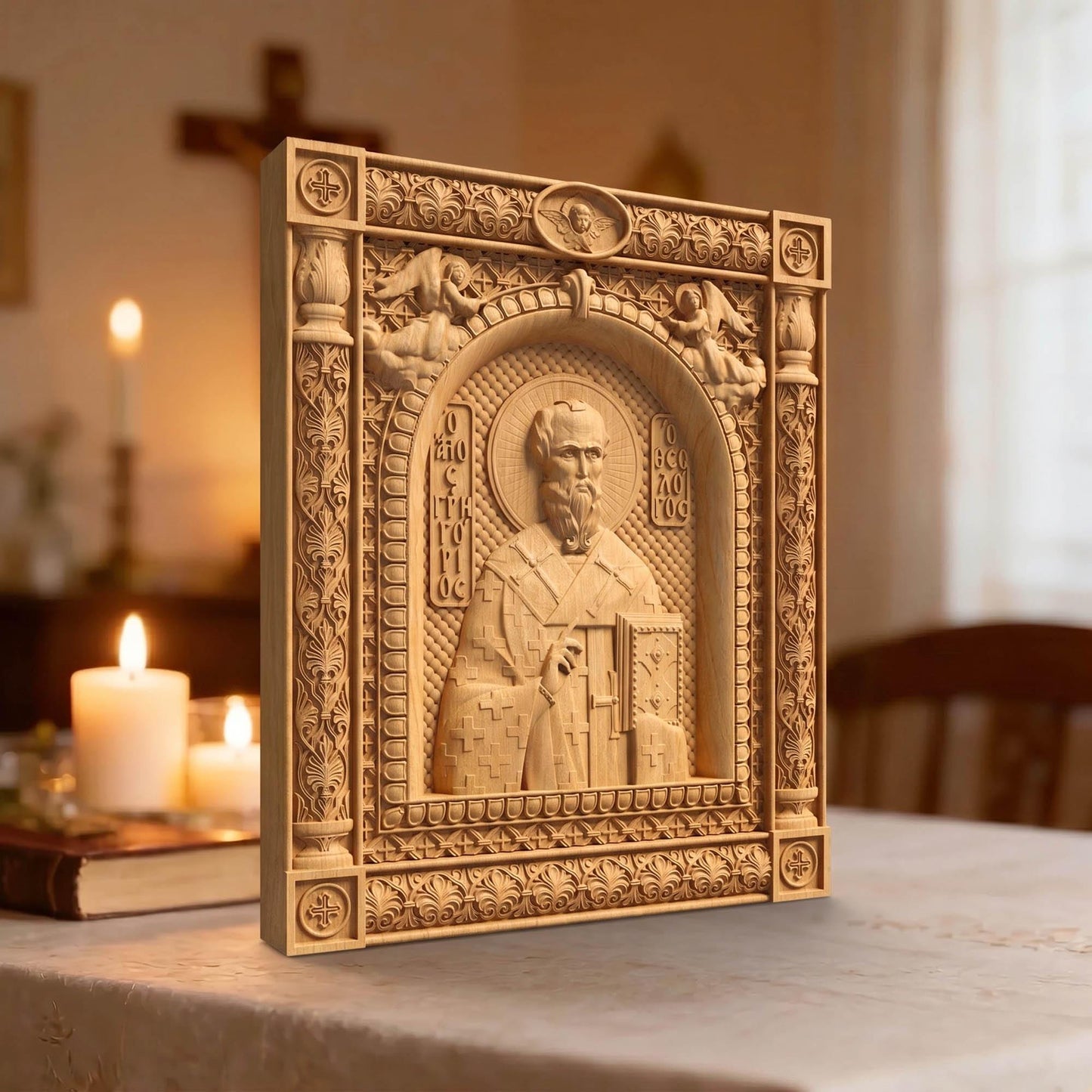 Saint Gregory the Theologian  Patron Saint of Students and Teachers Left Side Natural Wood Color Cretan Holy Carvings