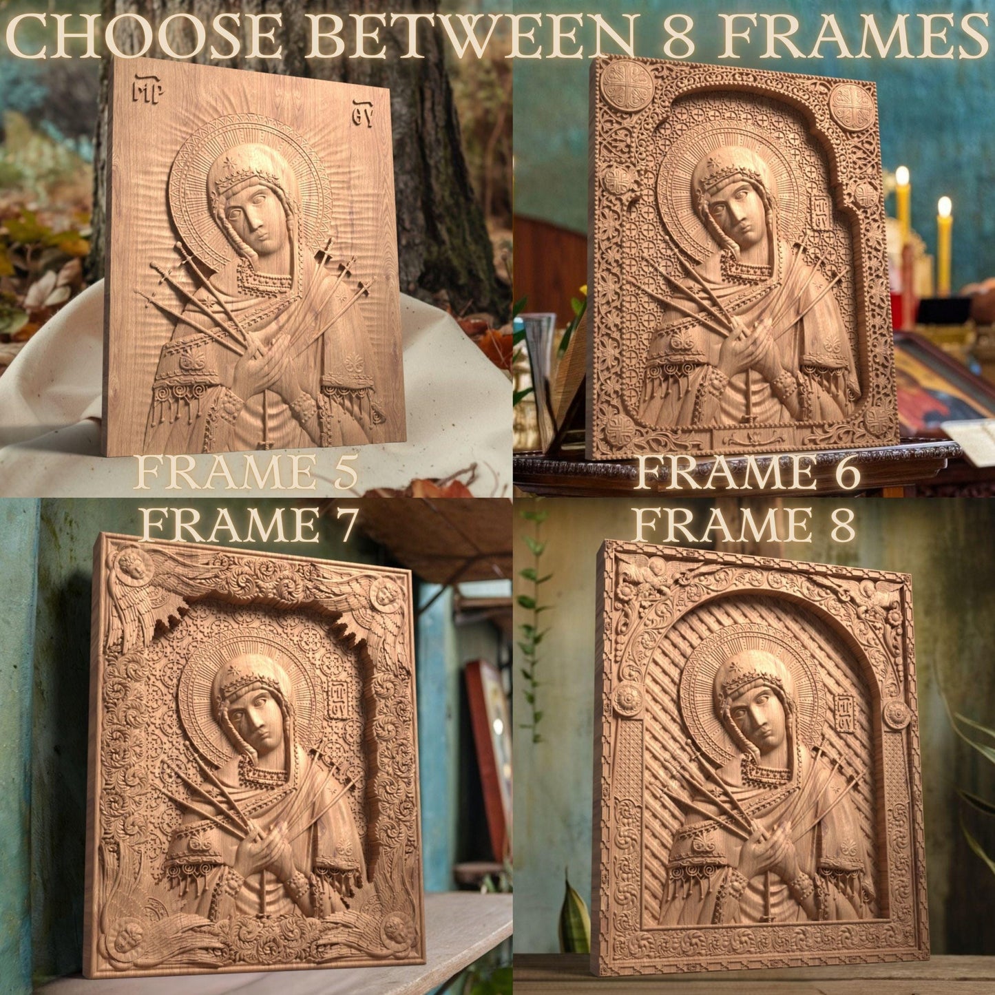 Virgin Mary of the Seven Swords Wooden Carved Handcrafted Christian Religious Icon. Byzantine Home Wall Art Decor Gift. Orthodox Greek Woodcarving Sculpture.