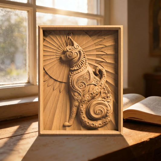 Cat Tribal Framed Bas Relief | Wooden Cat Carving | Sculptural Gift Idea