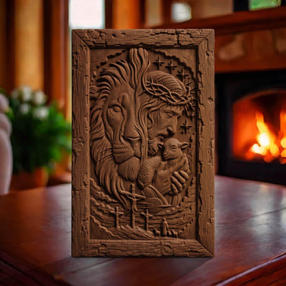 Jesus Christ the Lion Wooden Carved Handmade Christian Icon  Byzantine Greek Orthodox Home Art Decor Cretan Holy Carvings