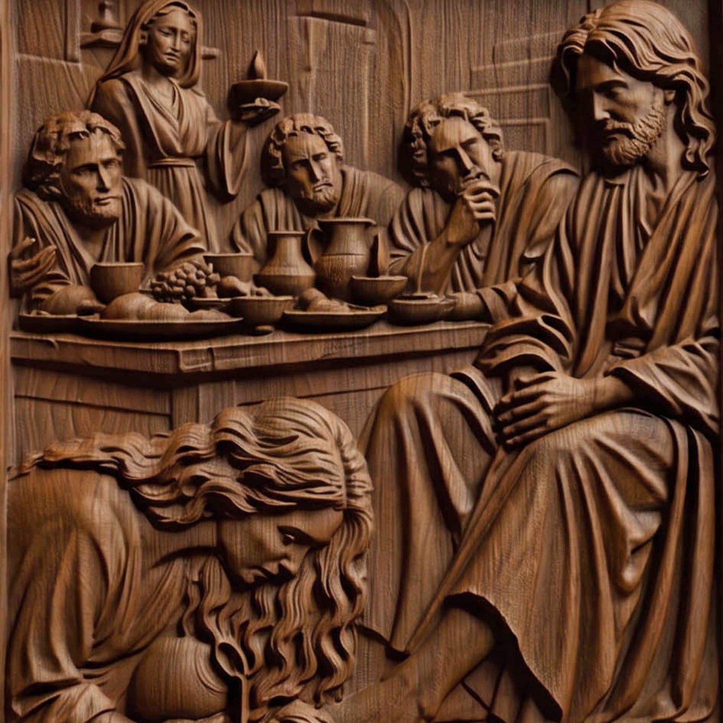 Mary Washing Jesus Christ Feet with Her Hair Wooden Carved Handmade Christian Icon  Byzantine Greek Orthodox Home Decor Cretan Holy Carvings