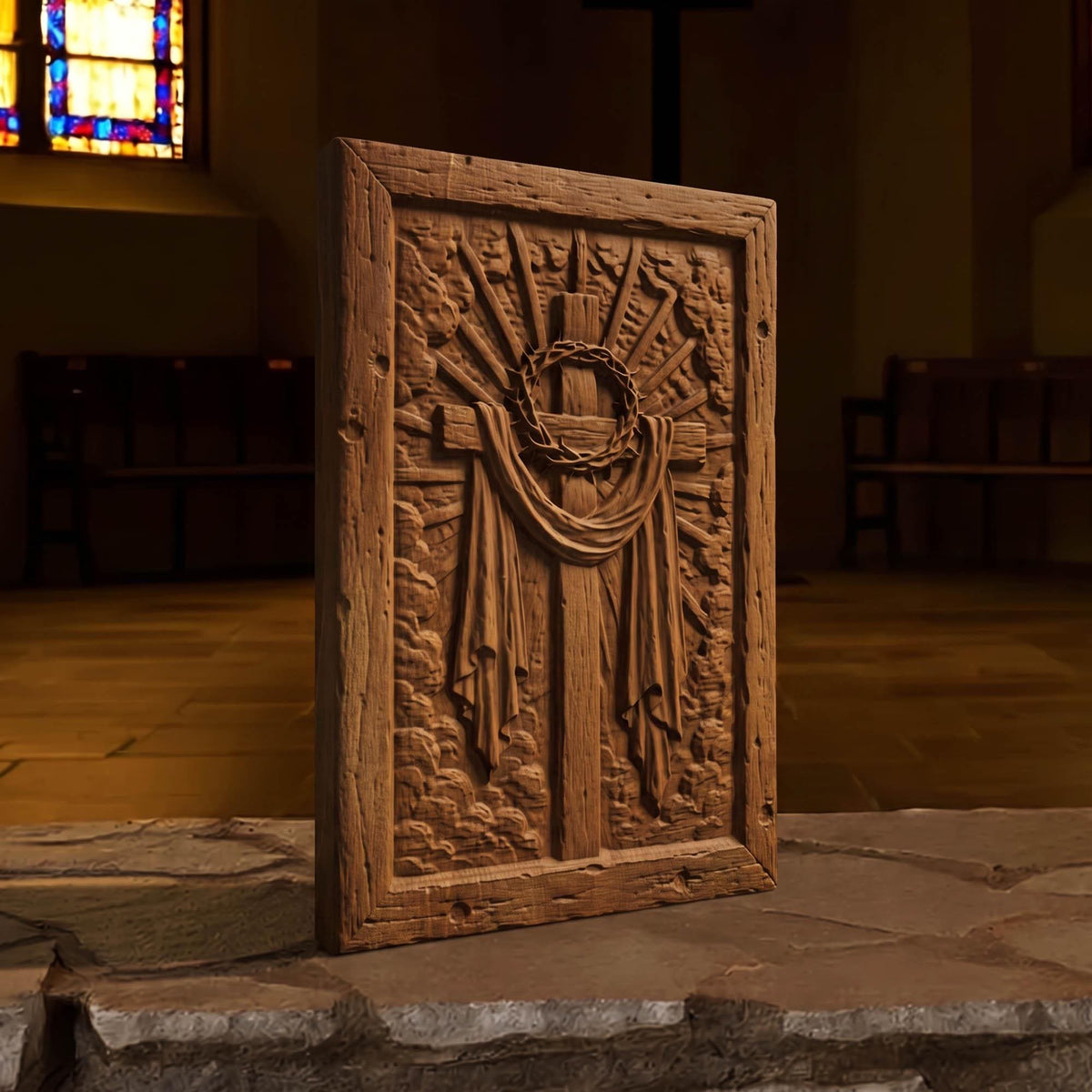 Jesus Christ Cross and Crown of Thorns Wooden Carved Handmade Christian Icon  Byzantine Greek Orthodox Home Art Decor Cretan Holy Carvings