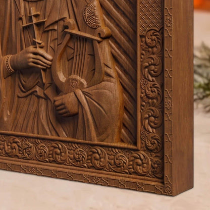 Saint Cecilia Patron Saint of Musicians Wooden Carved Handmade Christian Icon | Byzantine Greek Orthodox Home Art Decor