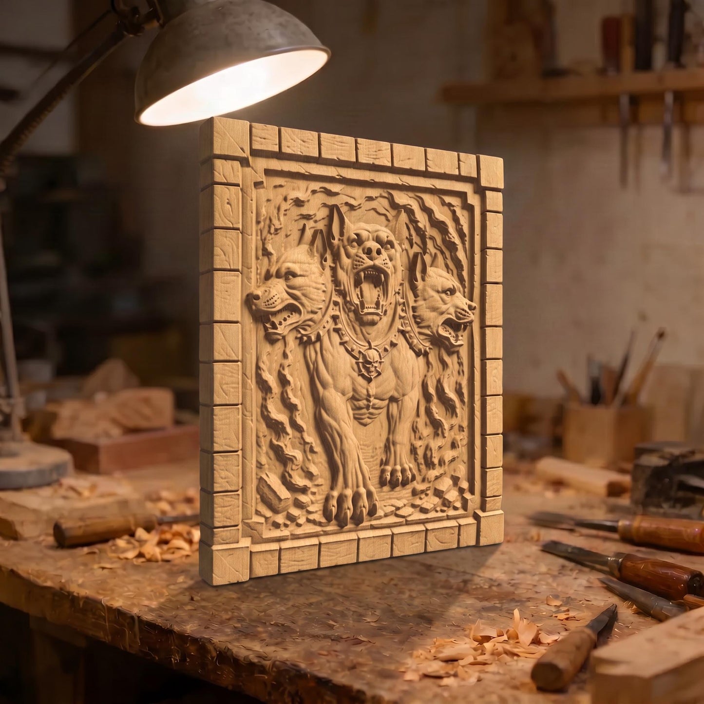 Cerberus the Three Headed Dog Ancient Greek Mythology Monster 3D Wooden Bas Relief Panel Art Sculptural Gift Idea Cretan Holy Carvings