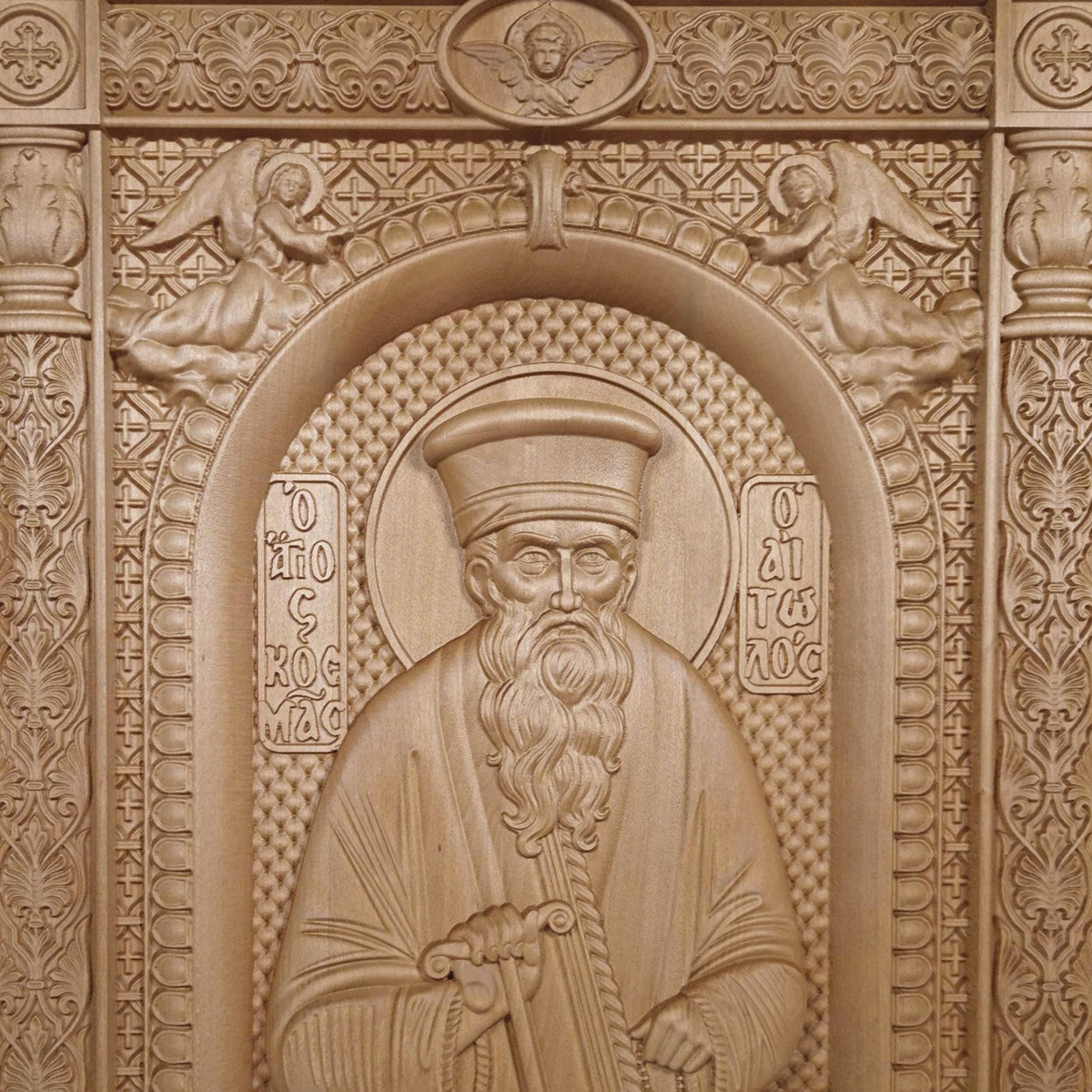 Saint Kosmas the Aetolian Wooden Carved Handmade Christian Icon. Byzantine Greek Orthodox Home Art Decor.