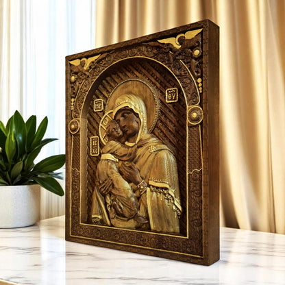 Virgin Mary Mother of God Wooden Carved Handmade Christian Icon. Byzantine Greek Orthodox Decor.