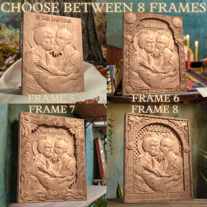 Αpostles Peter and Paul Wooden Carved Handcrafted Christian Religious Icon. Byzantine Home Wall Art Decor Gift. Orthodox Greek Woodcarving Sculpture.