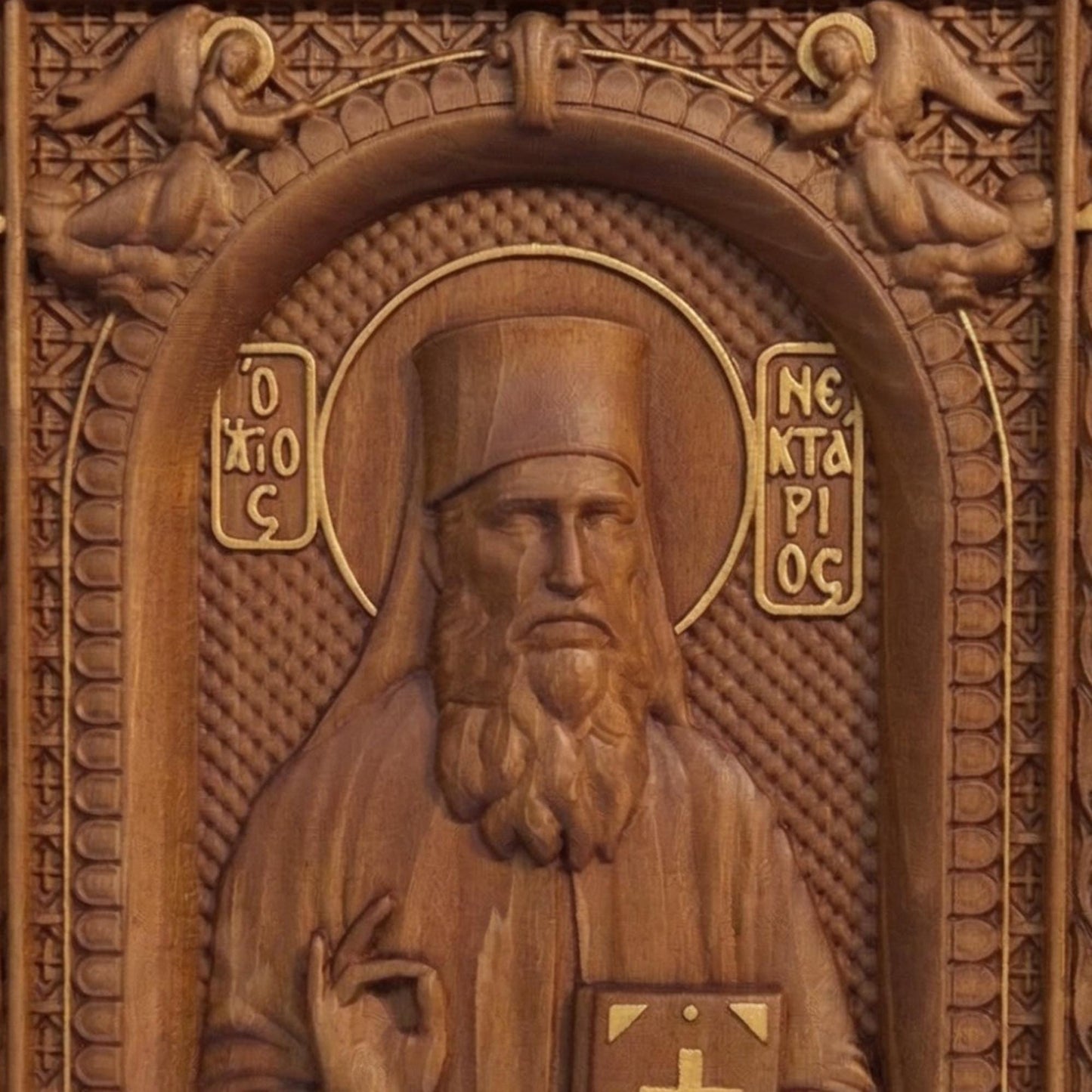Saint Nektarios of Aegina Wooden Carved Handmade Christian Icon. Byzantine Greek Orthodox Home Decor.