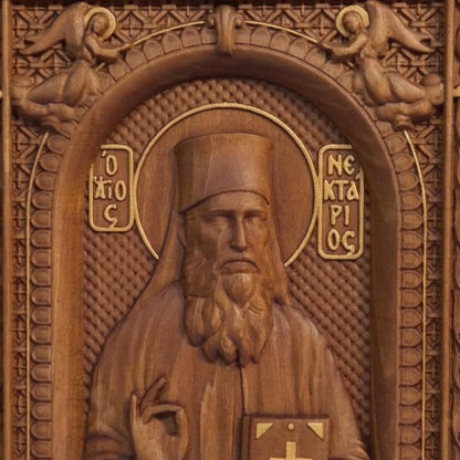 Saint Nektarios of Aegina Wooden Carved Handmade Christian Icon. Byzantine Greek Orthodox Home Decor.
