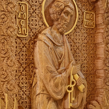 Saint Peter the Apostle Wooden Carved Handcrafted Christian Religious Icon. Byzantine Home Wall Art Decor Gift. Orthodox Greek Woodcarving Sculpture.