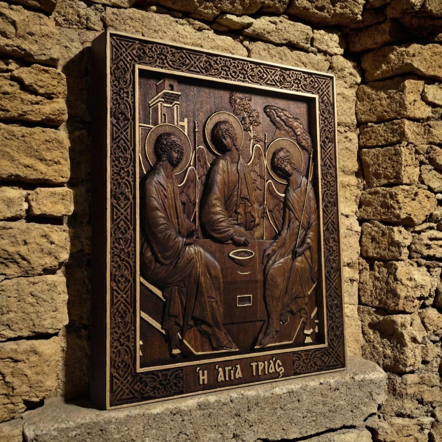 Holy Trinity Wooden Carved Handmade Christian Icon. Byzantine Greek Orthodox Home Art Decor.
