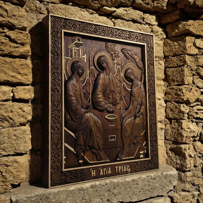 Holy Trinity Wooden Carved Handmade Christian Icon. Byzantine Greek Orthodox Home Art Decor.