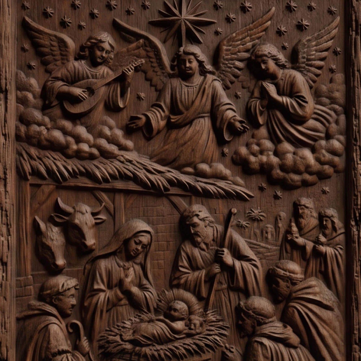 The Birth of Jesus Christ and the Shepherds Wooden Carved Handmade Christian Icon  Byzantine Greek Orthodox Home Decor Cretan Holy Carvings