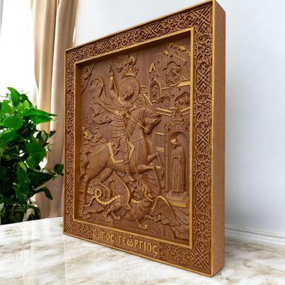 Saint George Wooden Carved Handcrafted Christian Religious Icon. Byzantine Home Wall Art Decor Gift. Orthodox Greek Woodcarving Sculpture.