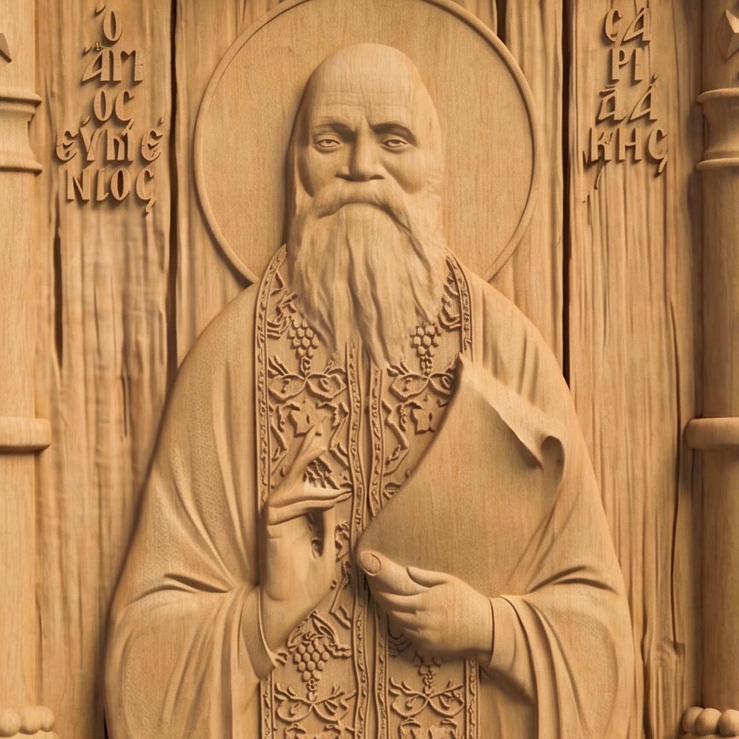 Αγιος Ευμενιος Σαριδακης Front Side Natural Wood Color Cretan Holy Carvings