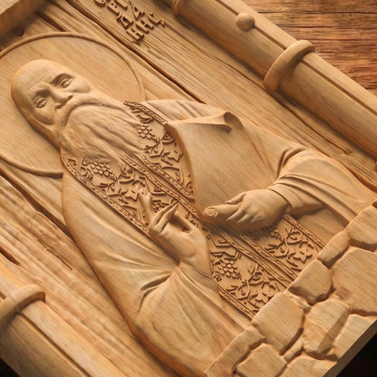 Saint Eumenios Saridakis Wooden Carved Handmade Christian Icon Flat Side Natural Wood Color Cretan Holy Carvings