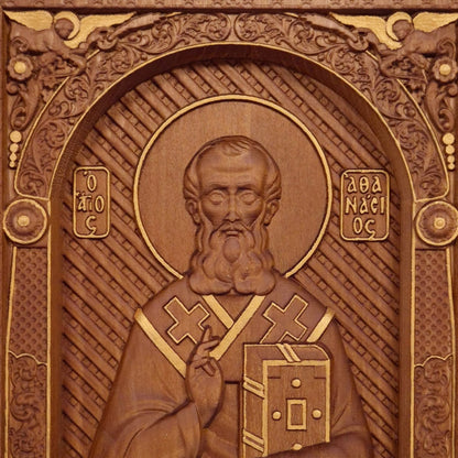 Saint Athanasius of Alexandria Wooden Carved Handcrafted Christian Religious Icon. Byzantine Home Wall Art Decor Gift. Orthodox Greek Woodcarving Sculpture.