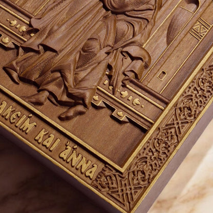 Saints Joachim and Anne Wooden Carved Handcrafted Christian Religious Icon. Byzantine Home Wall Art Decor Gift. Orthodox Greek Woodcarving Sculpture.