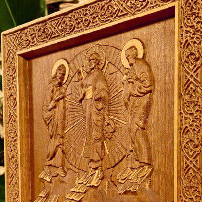 Transfiguration of Jesus Wooden Carved Handcrafted Christian Religious Icon. Byzantine Home Wall Art Decor Gift. Orthodox Greek Woodcarving Sculpture.