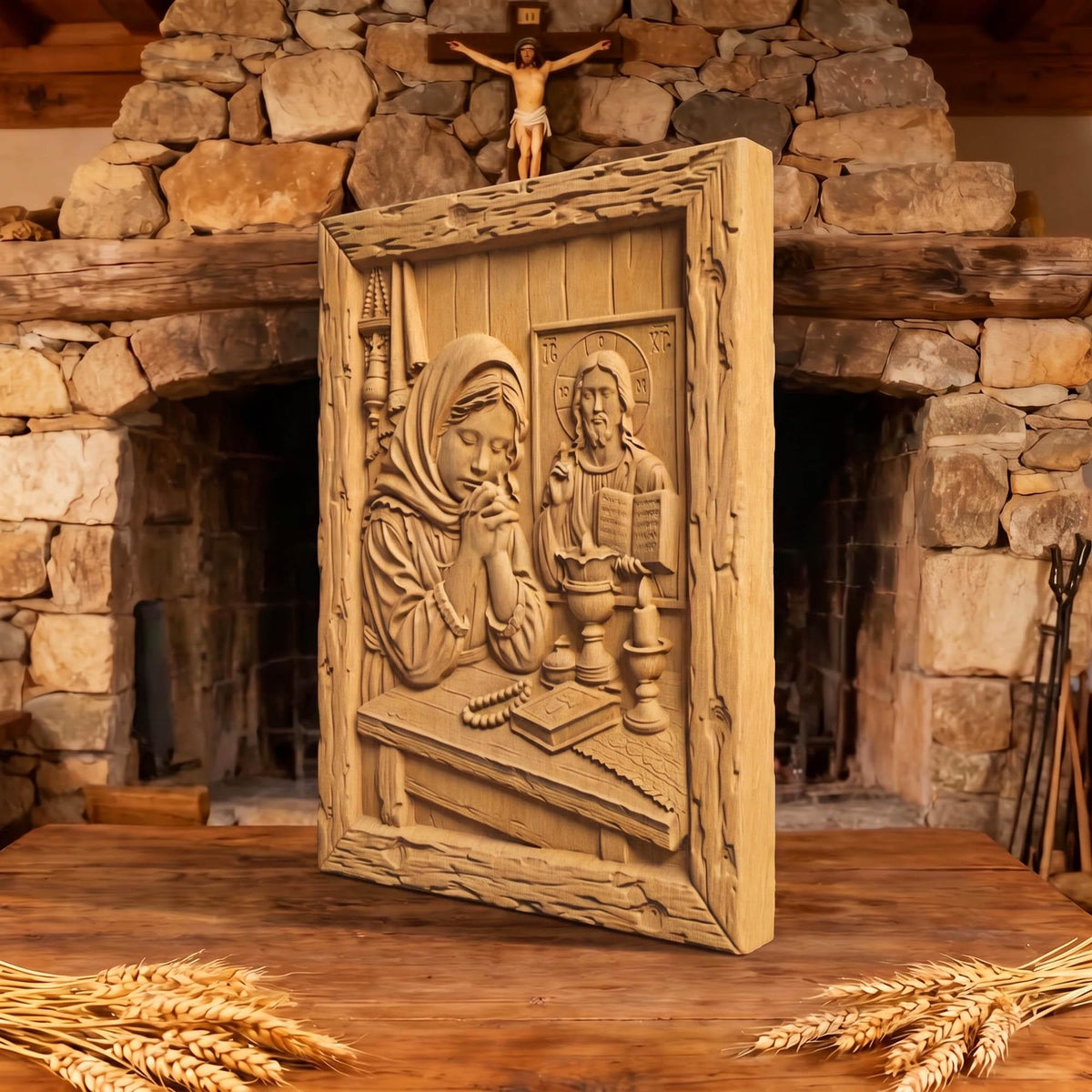Young Girl Praying Wooden Carved Handmade Christian Icon  Byzantine Greek Orthodox Home Decor Cretan Holy Carvings