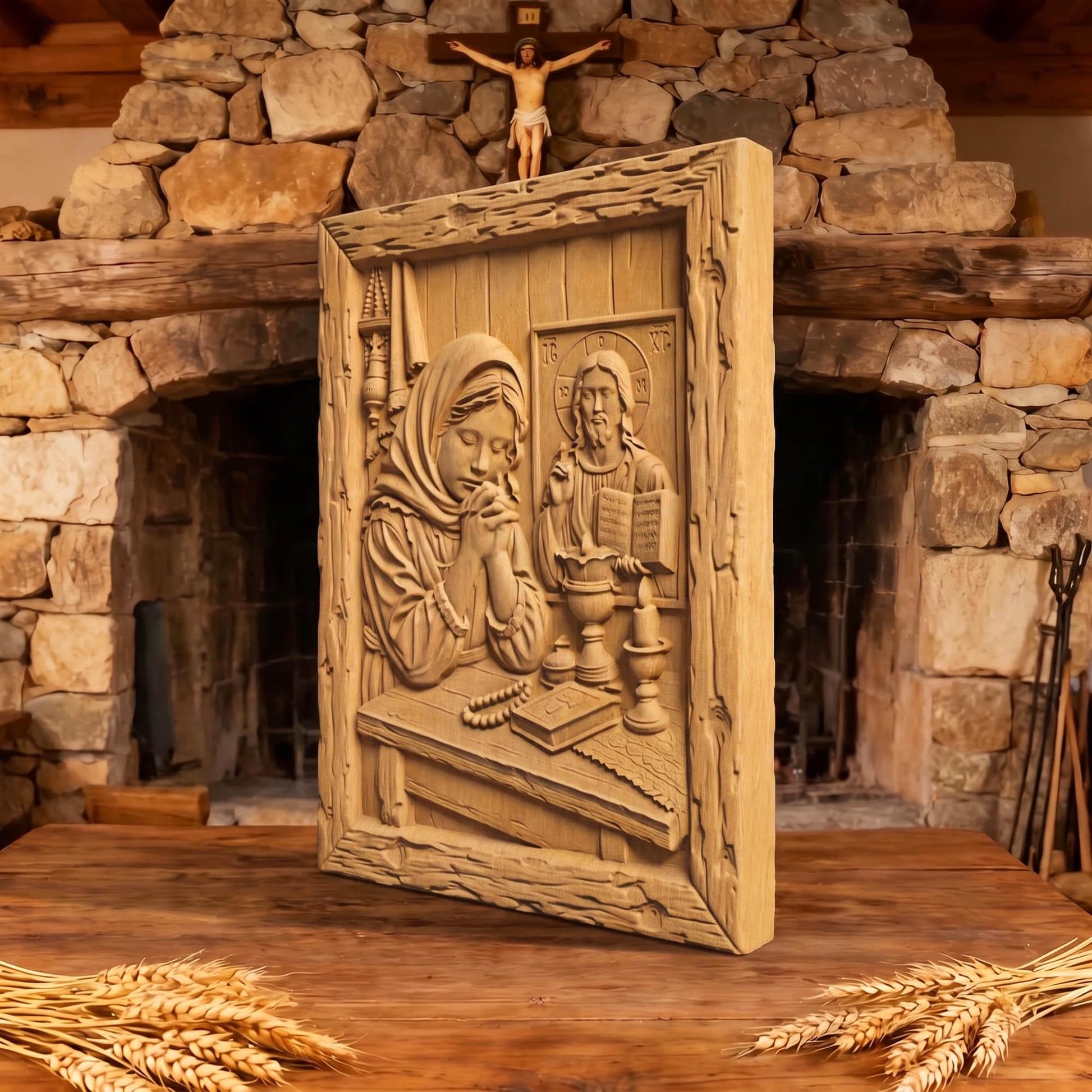 Young Girl Praying Wooden Carved Handmade Christian Icon  Byzantine Greek Orthodox Home Decor Cretan Holy Carvings