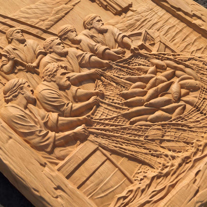 Jesus and the Miraculous Catch of Fish Wooden Carved Handmade Christian Icon  Byzantine Greek Orthodox Home Decor Cretan Holy Carvings