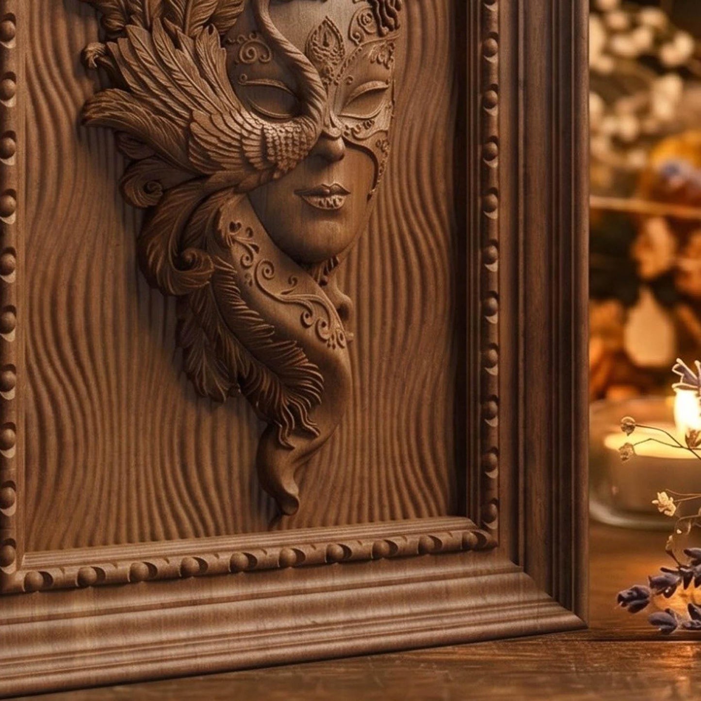 Masked Girl Wooden Bas Relief | Wood Panel Art | Sculptural Gift Idea