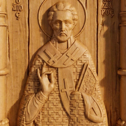 Saint Lazarus Wooden Carved Handmade Christian Icon Patron Saint of the City of Larnaca Front Side Natural Wood Color Cretan Holy Carvings