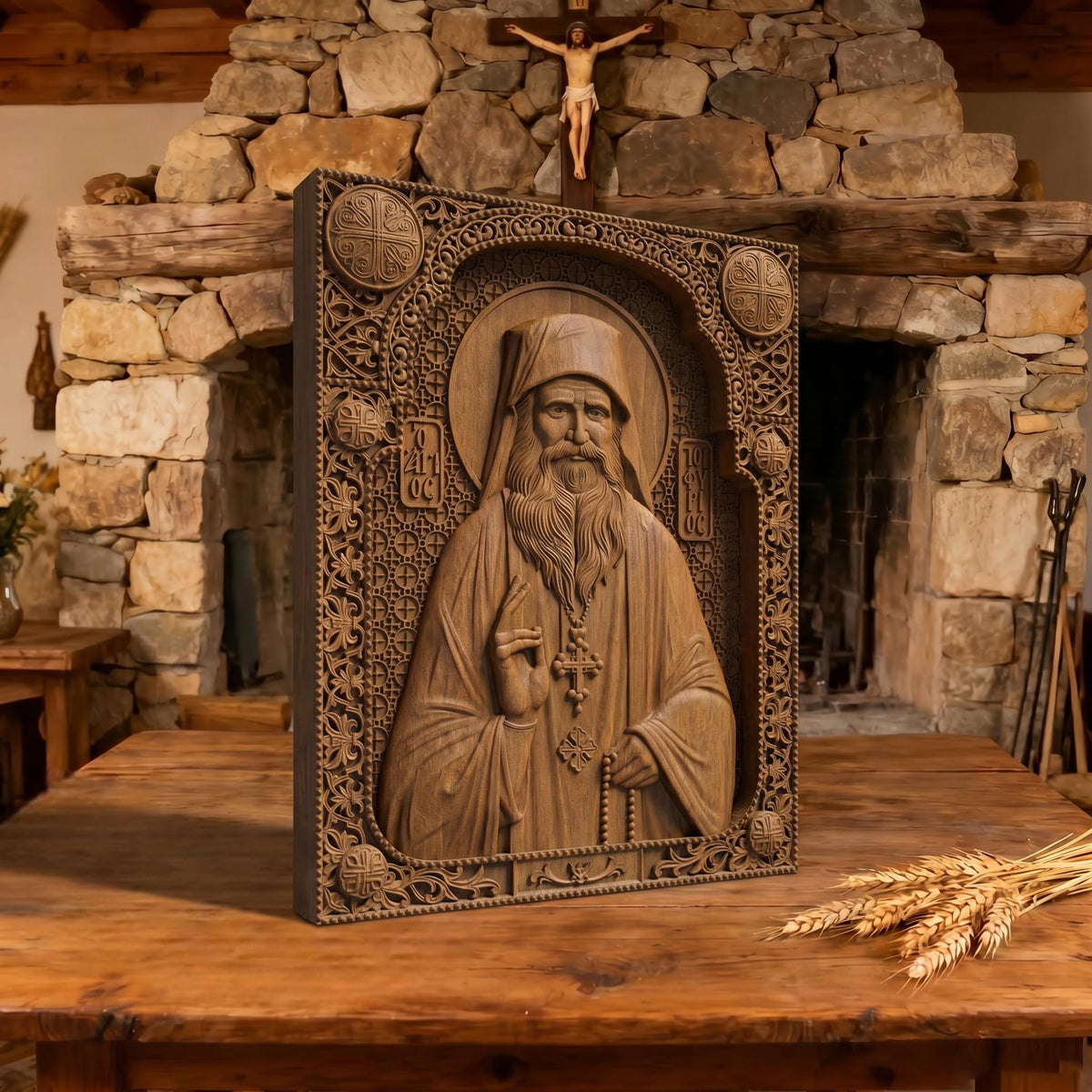 Saint Porphyrios of Kavsokalyvia Wooden Carved Handmade Christian Icon | Byzantine Greek Orthodox Home Art Decor
