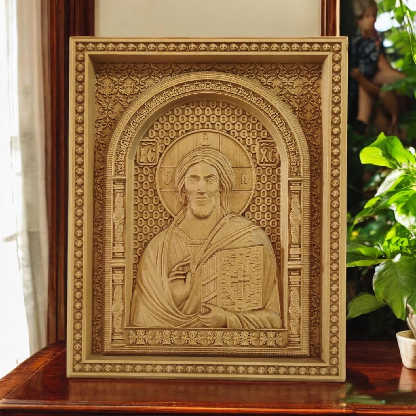 Christ Pantocrator of Sinai Wooden Carved Handcrafted Christian Religious Icon. Byzantine Home Wall Art Decor Gift. Orthodox Greek Woodcarving Sculpture.