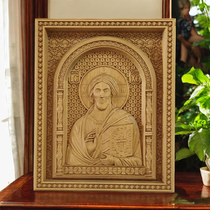 Christ Pantocrator of Sinai Wooden Carved Handcrafted Christian Religious Icon. Byzantine Home Wall Art Decor Gift. Orthodox Greek Woodcarving Sculpture.