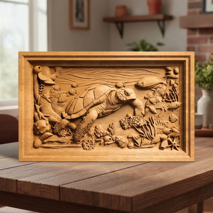 Sea Turtle Framed Bas Relief | Wooden Turtle Carving | Sculptural Gift Idea