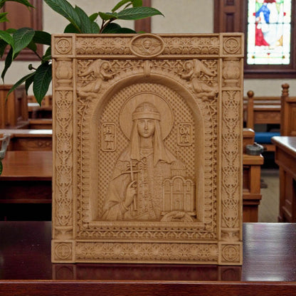 Saint Olga Wooden Carved Handmade Christian Icon. Byzantine Greek Orthodox Home Art Decor.