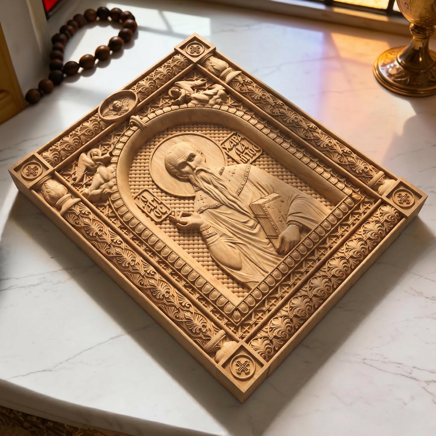 Saint Charalambos Wooden Carved Handmade Christian Icon | Byzantine Greek Orthodox Home Art Decor