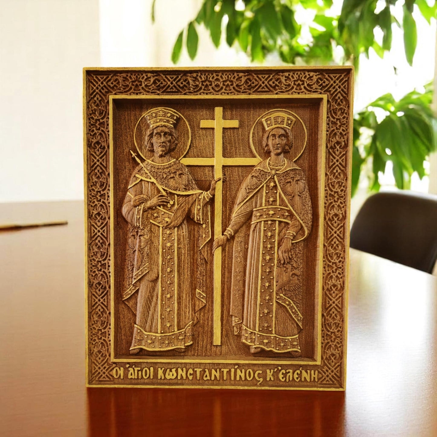 Saints Constantine and Helena Wooden Carved Handmade Christian Icon. Byzantine Greek Orthodox Home Decor.