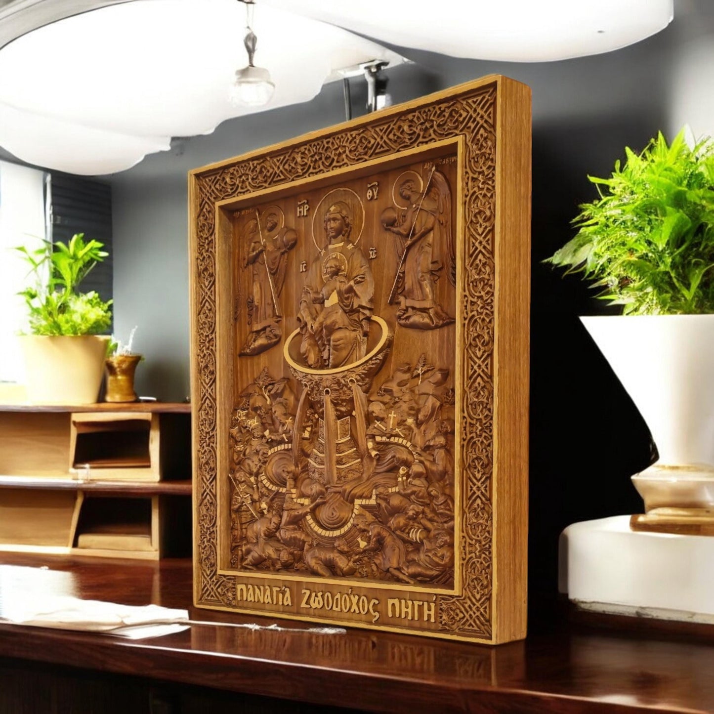 Mother of God Life-giving Spring Wooden Carved Handcrafted Christian Religious Icon. Byzantine Home Wall Art Decor Gift. Orthodox Greek Woodcarving Sculpture.