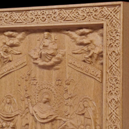 Mother of God Joy of All Who Sorrow Wooden Carved Handcrafted Christian Religious Icon. Byzantine Home Wall Art Decor Gift. Orthodox Greek Woodcarving Sculpture.