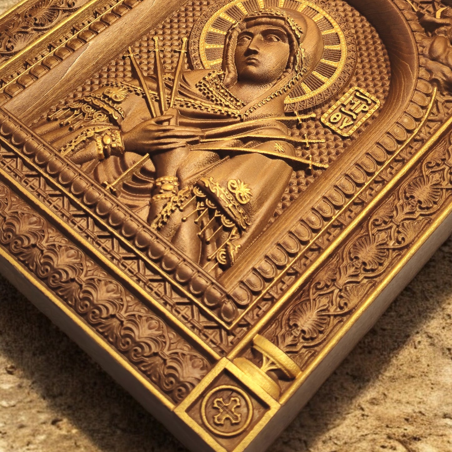 Virgin Mary of the Seven Swords Wooden Carved Handcrafted Christian Religious Icon. Byzantine Home Wall Art Decor Gift. Orthodox Greek Woodcarving Sculpture.