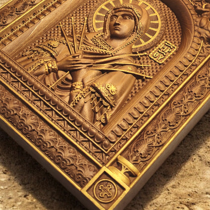 Virgin Mary of the Seven Swords Wooden Carved Handcrafted Christian Religious Icon. Byzantine Home Wall Art Decor Gift. Orthodox Greek Woodcarving Sculpture.