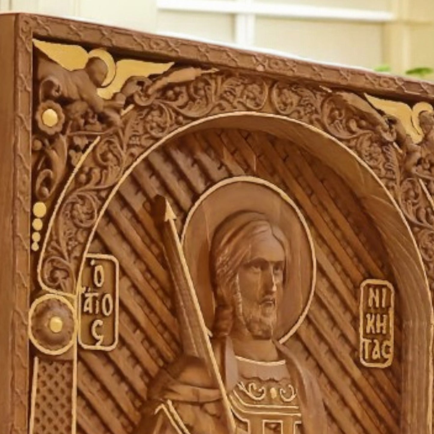Saint Nikitas Wooden Carved Handcrafted Christian Religious Icon. Byzantine Home Wall Art Decor Gift. Orthodox Greek Woodcarving Sculpture.