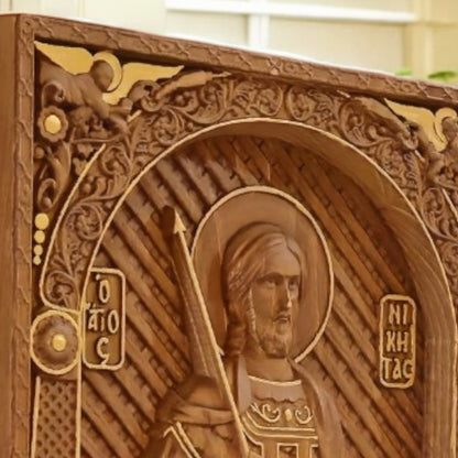 Saint Nikitas Wooden Carved Handcrafted Christian Religious Icon. Byzantine Home Wall Art Decor Gift. Orthodox Greek Woodcarving Sculpture.