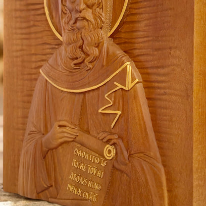 Saint Anthony the Great Wooden Carved Handcrafted Christian Religious Icon. Byzantine Home Wall Art Decor Gift. Orthodox Greek Woodcarving Sculpture.