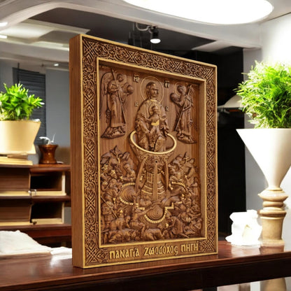 Mother of God Life-giving Spring Wooden Carved Handcrafted Christian Religious Icon. Byzantine Home Wall Art Decor Gift. Orthodox Greek Woodcarving Sculpture.
